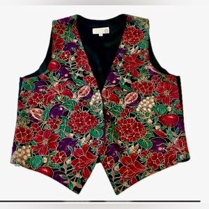 Cleo vintage vest, bold pink-red floral pattern, solid black reverse, size 12